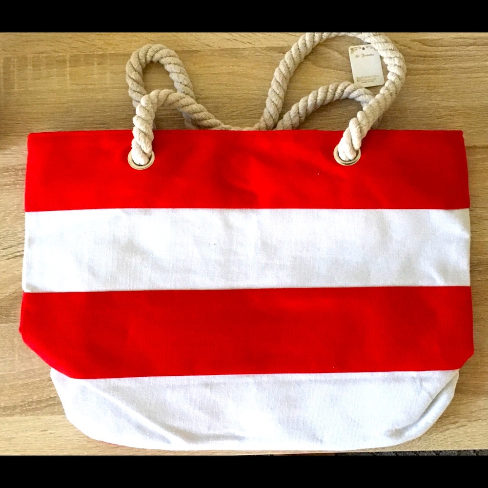 Red and White Striped Bag with Rope Handles